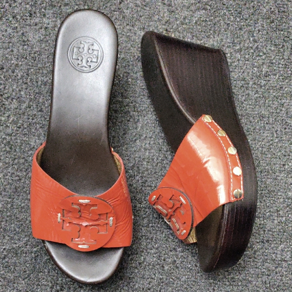 Tory Burch Orange Patent Leather Wedges